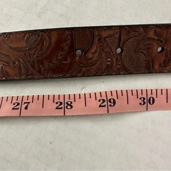 Tooled Leather Belt Brown with Silver Very Distressed Etched Hardware Never Worn - Picture 8 of 10